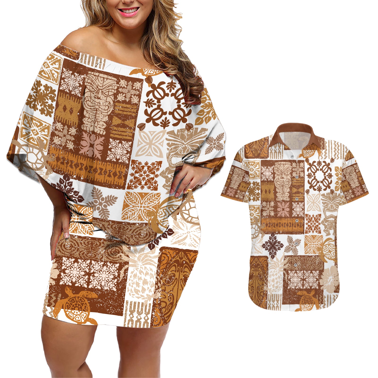 Hawaiian Quilt Couples Matching Off Shoulder Short Dress and Hawaiian Shirt Tiki Tropical Retro Brown Version LT14 Brown - Polynesian Pride