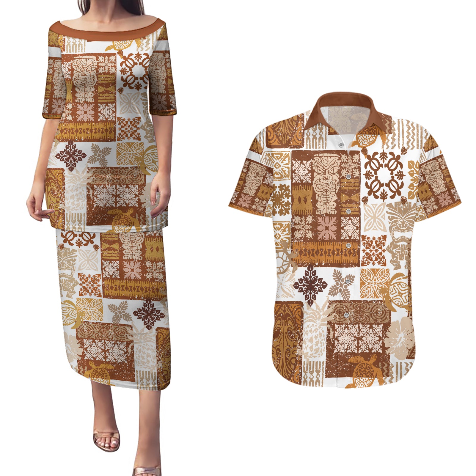 Hawaiian Quilt Couples Matching Puletasi Dress and Hawaiian Shirt Tiki Tropical Retro Brown Version LT14 Brown - Polynesian Pride