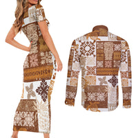 Hawaiian Quilt Couples Matching Short Sleeve Bodycon Dress and Long Sleeve Button Shirt Tiki Tropical Retro Brown Version LT14 - Polynesian Pride