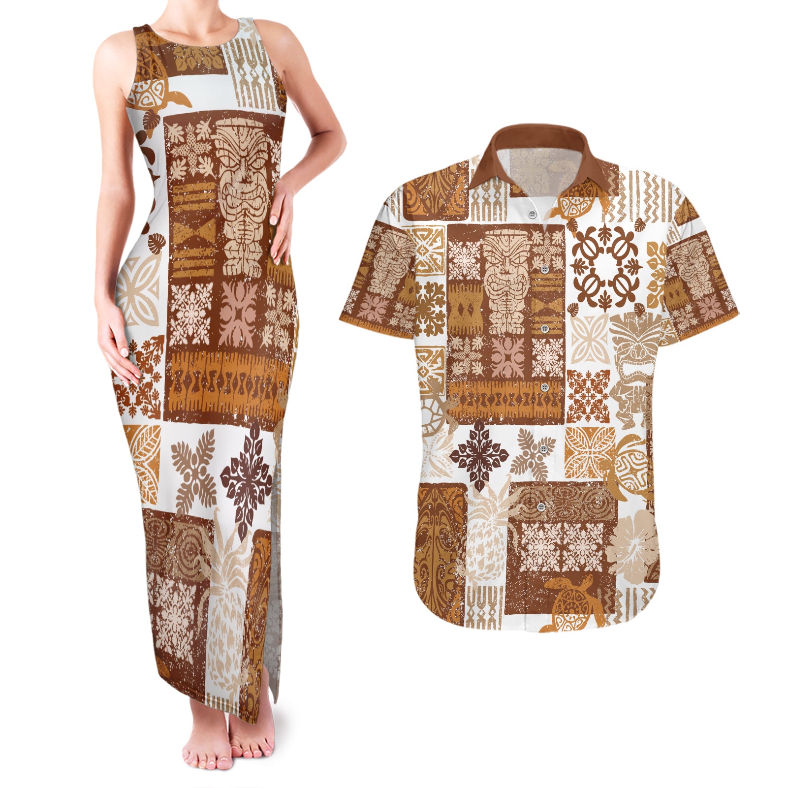 Hawaiian Quilt Couples Matching Tank Maxi Dress and Hawaiian Shirt Tiki Tropical Retro Brown Version LT14 Brown - Polynesian Pride