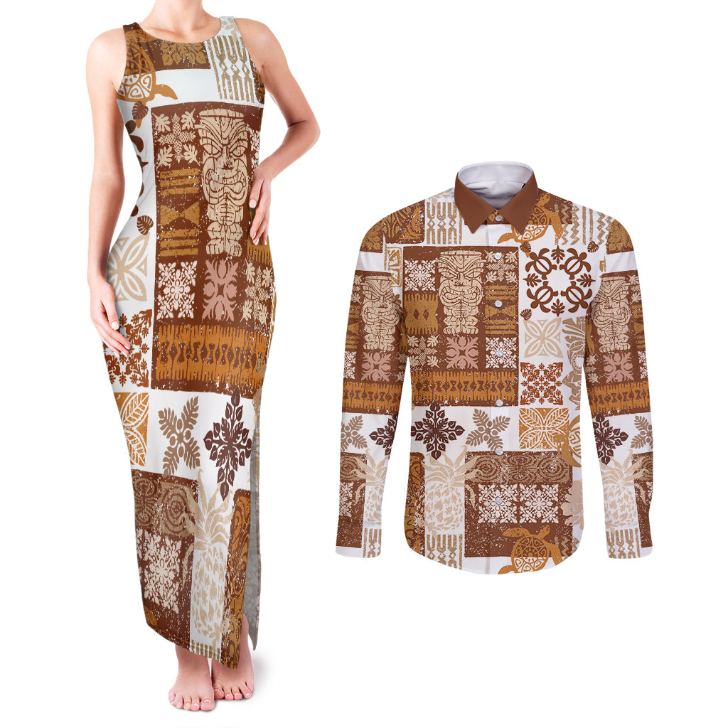 Hawaiian Quilt Couples Matching Tank Maxi Dress and Long Sleeve Button Shirt Tiki Tropical Retro Brown Version LT14 Brown - Polynesian Pride