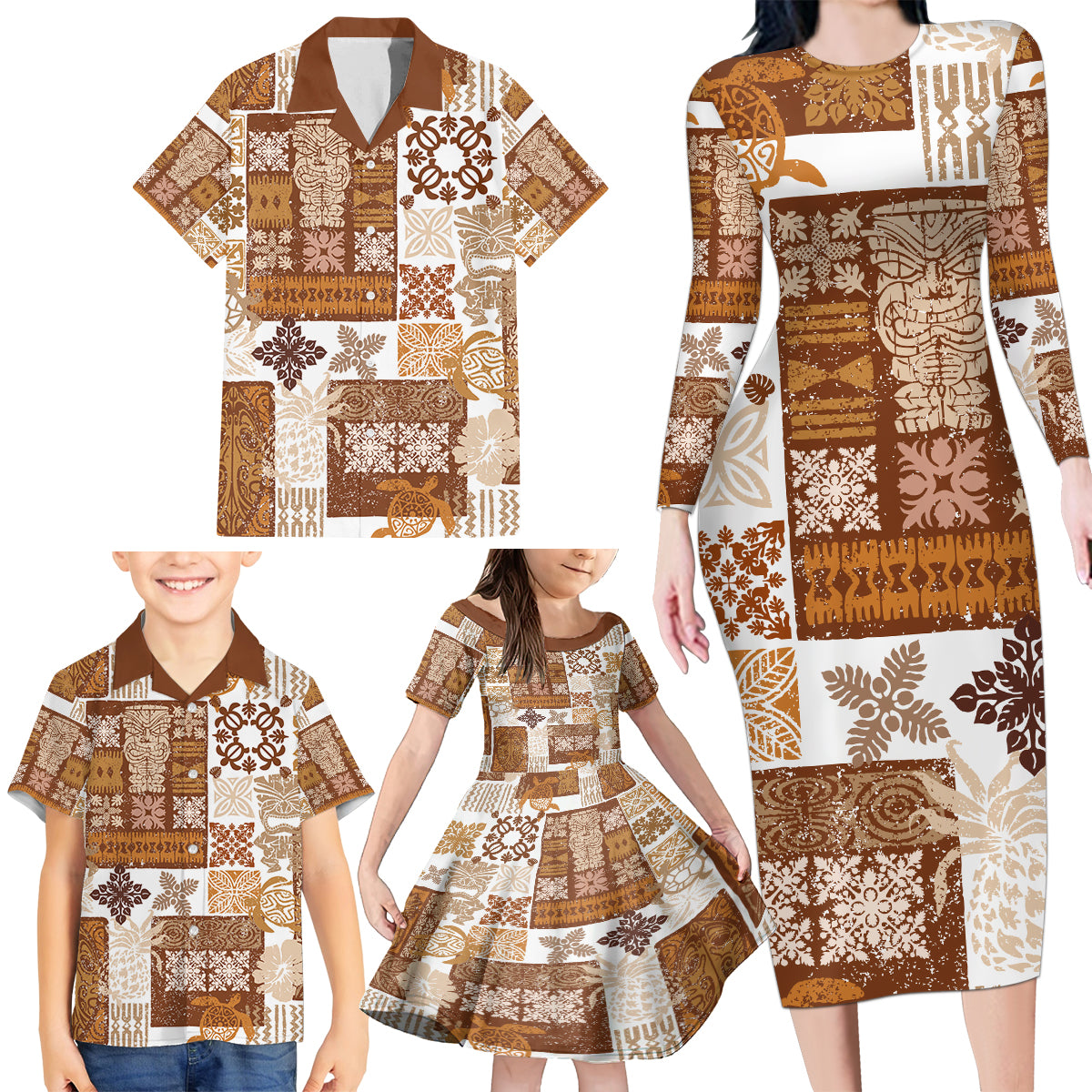 Hawaiian Quilt Family Matching Long Sleeve Bodycon Dress and Hawaiian Shirt Tiki Tropical Retro Brown Version LT14 - Polynesian Pride