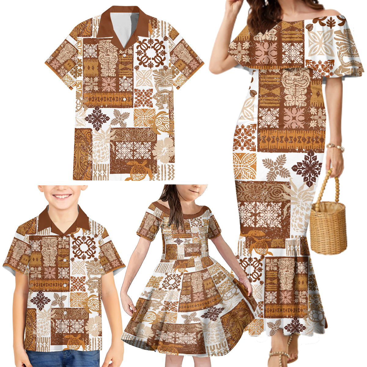 Hawaiian Quilt Family Matching Mermaid Dress and Hawaiian Shirt Tiki Tropical Retro Brown Version LT14 - Polynesian Pride