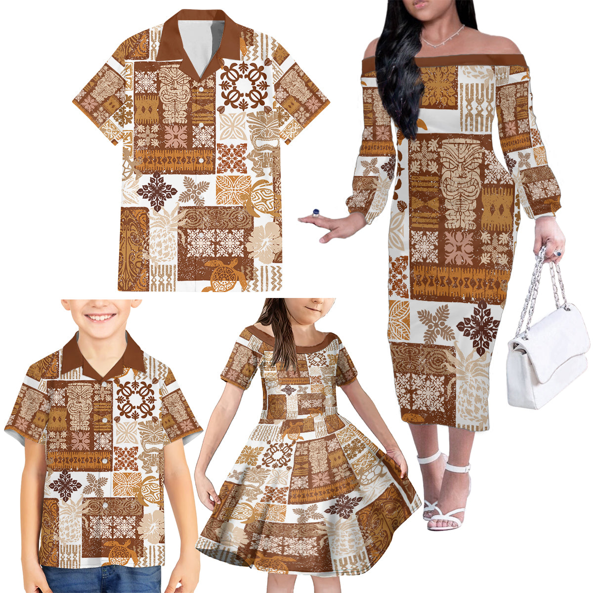 Hawaiian Quilt Family Matching Off Shoulder Long Sleeve Dress and Hawaiian Shirt Tiki Tropical Retro Brown Version LT14 - Polynesian Pride