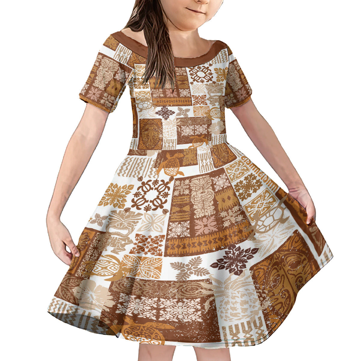 Hawaiian Quilt Family Matching Off Shoulder Short Dress and Hawaiian Shirt Tiki Tropical Retro Brown Version LT14 Daughter's Dress Brown - Polynesian Pride