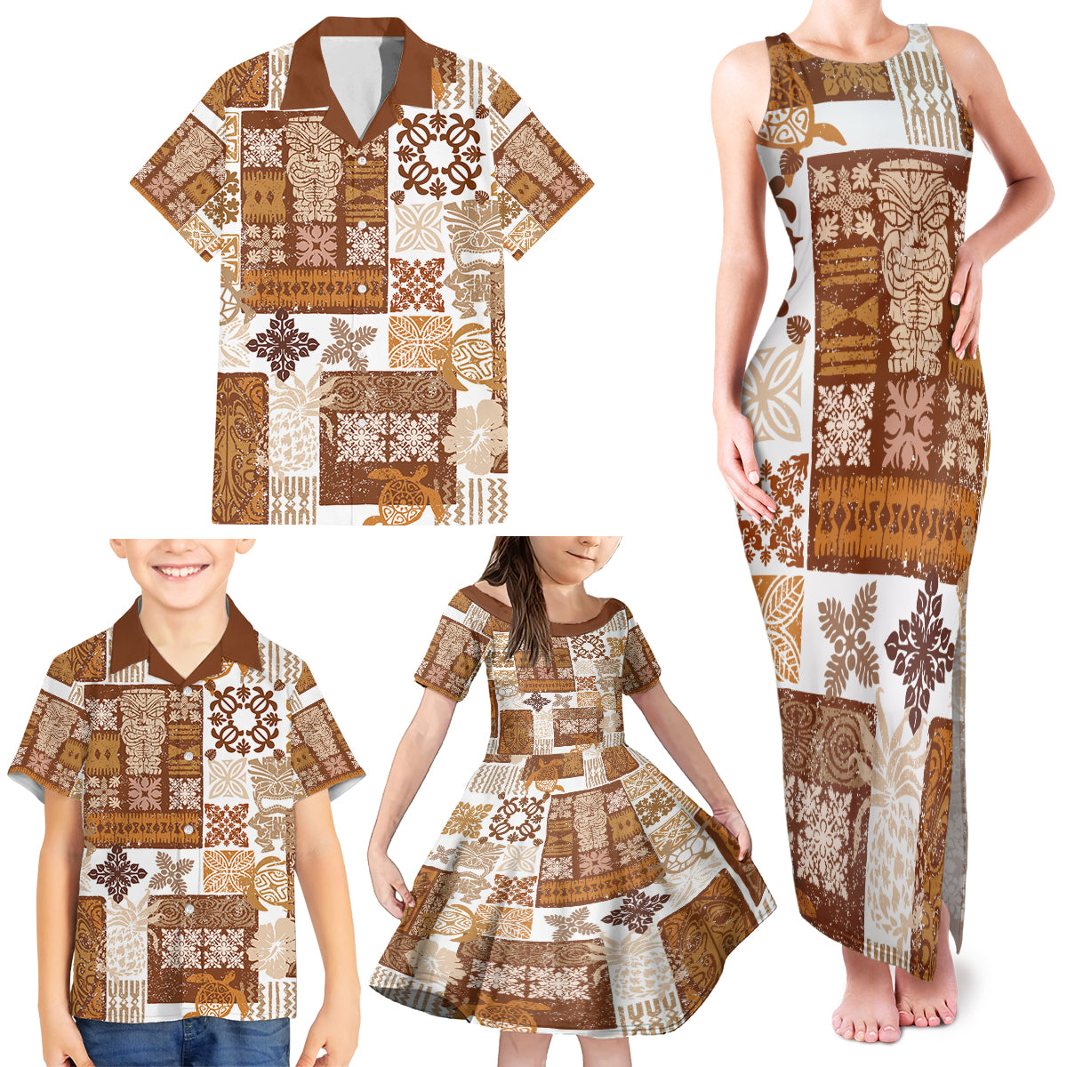 Hawaiian Quilt Family Matching Tank Maxi Dress and Hawaiian Shirt Tiki Tropical Retro Brown Version LT14 - Polynesian Pride