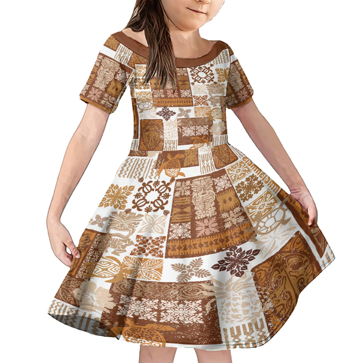 Hawaiian Quilt Kid Short Sleeve Dress Tiki Tropical Retro Brown Version LT14 KID Brown - Polynesian Pride