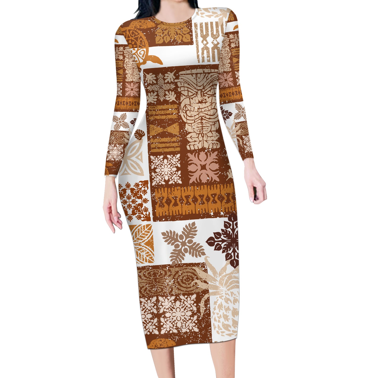 Hawaiian Quilt Long Sleeve Bodycon Dress Tiki Tropical Retro Brown Version LT14 Long Dress Brown - Polynesian Pride