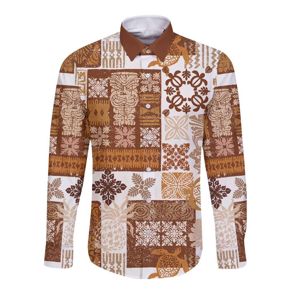 Hawaiian Quilt Long Sleeve Button Shirt Tiki Tropical Retro Brown Version LT14 Unisex Brown - Polynesian Pride