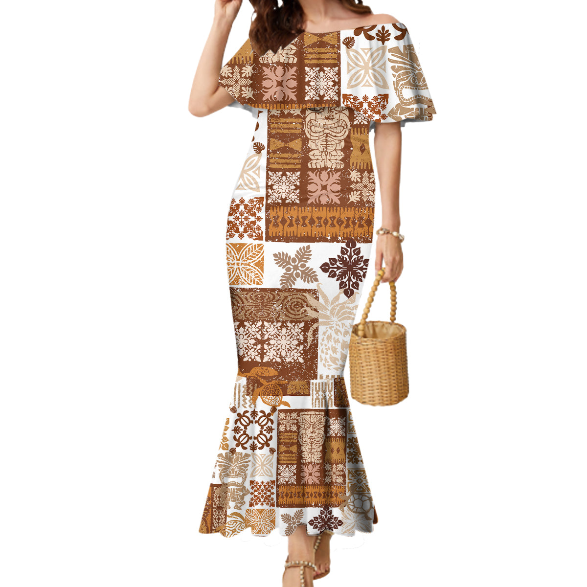 Hawaiian Quilt Mermaid Dress Tiki Tropical Retro Brown Version LT14 Women Brown - Polynesian Pride