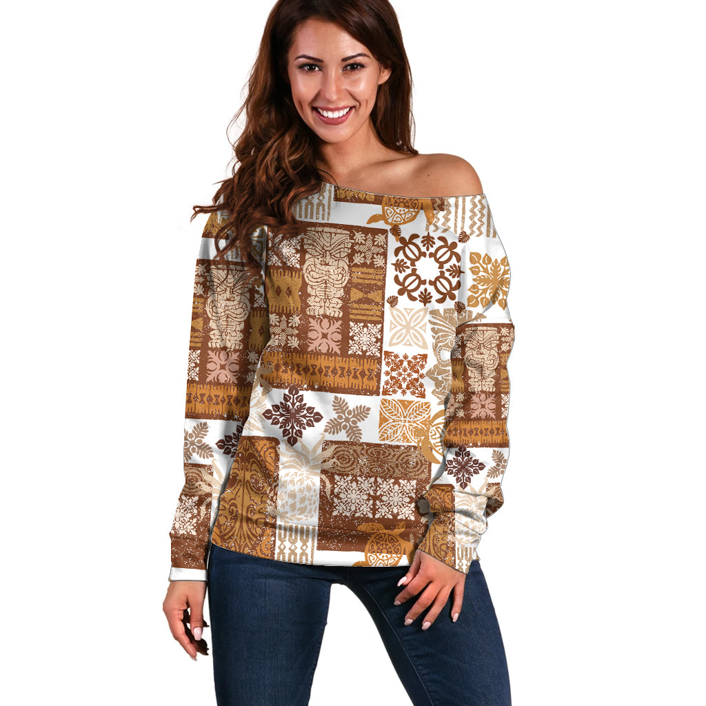 Hawaiian Quilt Off Shoulder Sweater Tiki Tropical Retro Brown Version LT14 Women Brown - Polynesian Pride