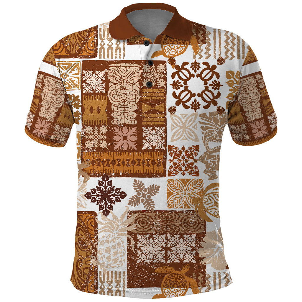 Hawaiian Quilt Polo Shirt Tiki Tropical Retro Brown Version LT14 Brown - Polynesian Pride