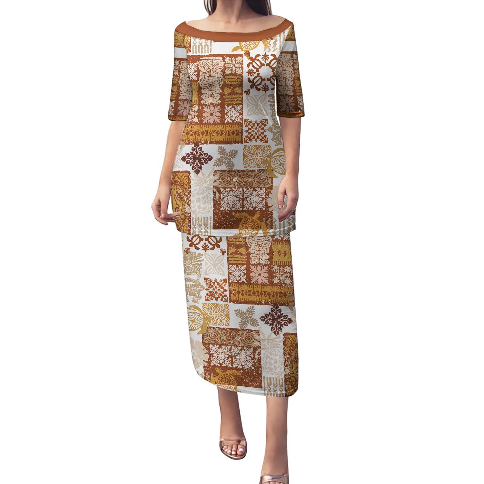 Hawaiian Quilt Puletasi Tiki Tropical Retro Brown Version LT14 Long Dress Brown - Polynesian Pride