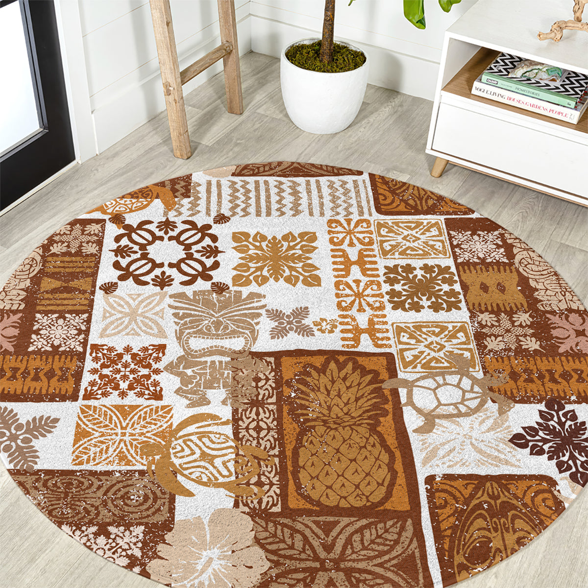 Hawaiian Quilt Round Carpet Tiki Tropical Retro Brown Version LT14 Brown - Polynesian Pride