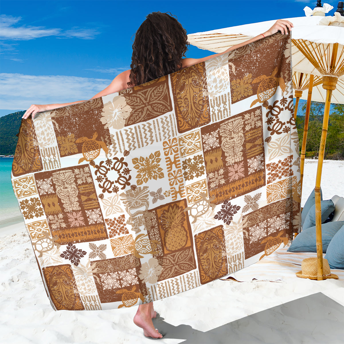 Hawaiian Quilt Sarong Tiki Tropical Retro Brown Version LT14 One Size 44 x 66 inches Brown - Polynesian Pride