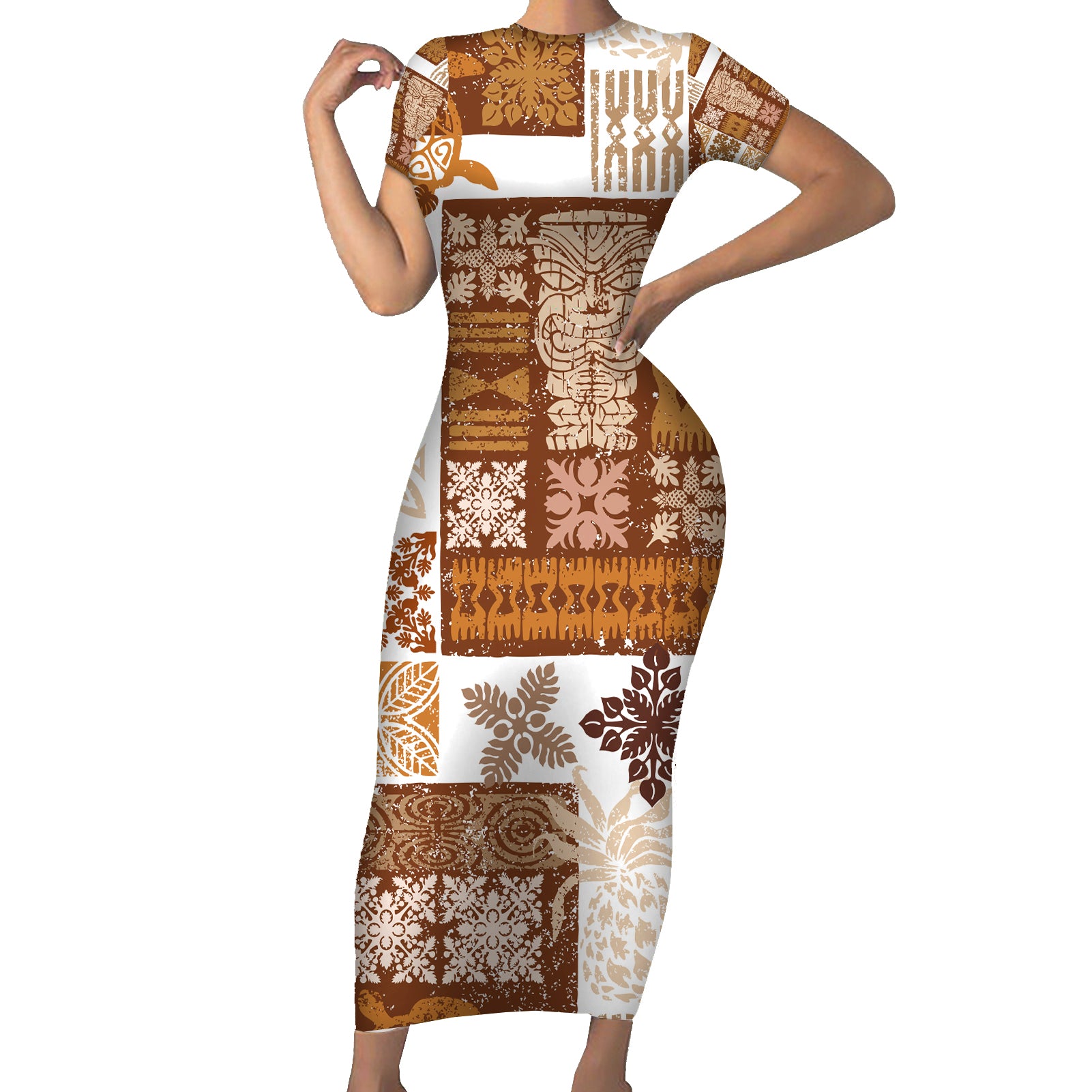 Hawaiian Quilt Short Sleeve Bodycon Dress Tiki Tropical Retro Brown Version LT14 Long Dress Brown - Polynesian Pride