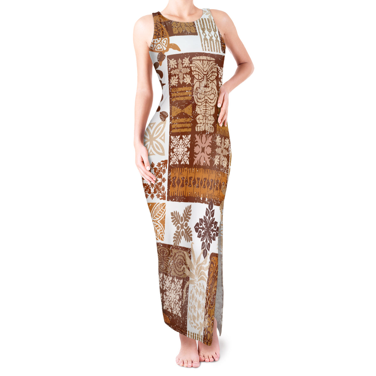 Hawaiian Quilt Tank Maxi Dress Tiki Tropical Retro Brown Version LT14 Women Brown - Polynesian Pride