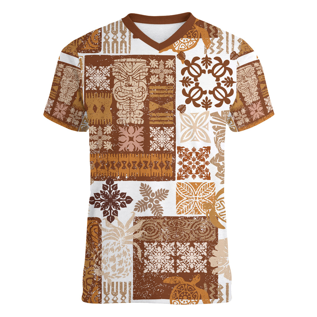 Hawaiian Quilt Women V Neck T Shirt Tiki Tropical Retro Brown Version LT14 Female Brown - Polynesian Pride