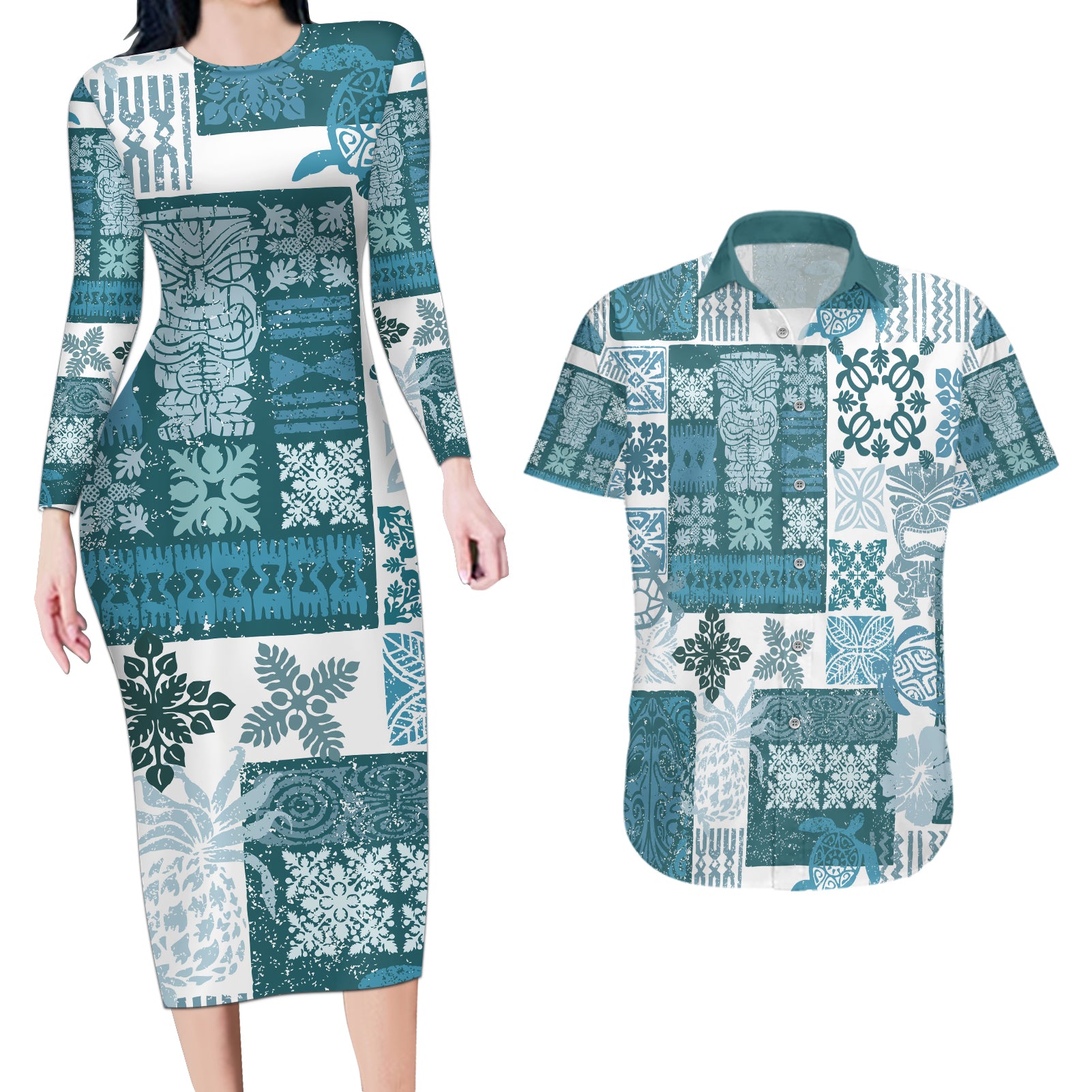 Hawaiian Quilt Couples Matching Long Sleeve Bodycon Dress and Hawaiian Shirt Tiki Tropical Retro Dark Cyan Version LT14 Dark Cyan - Polynesian Pride