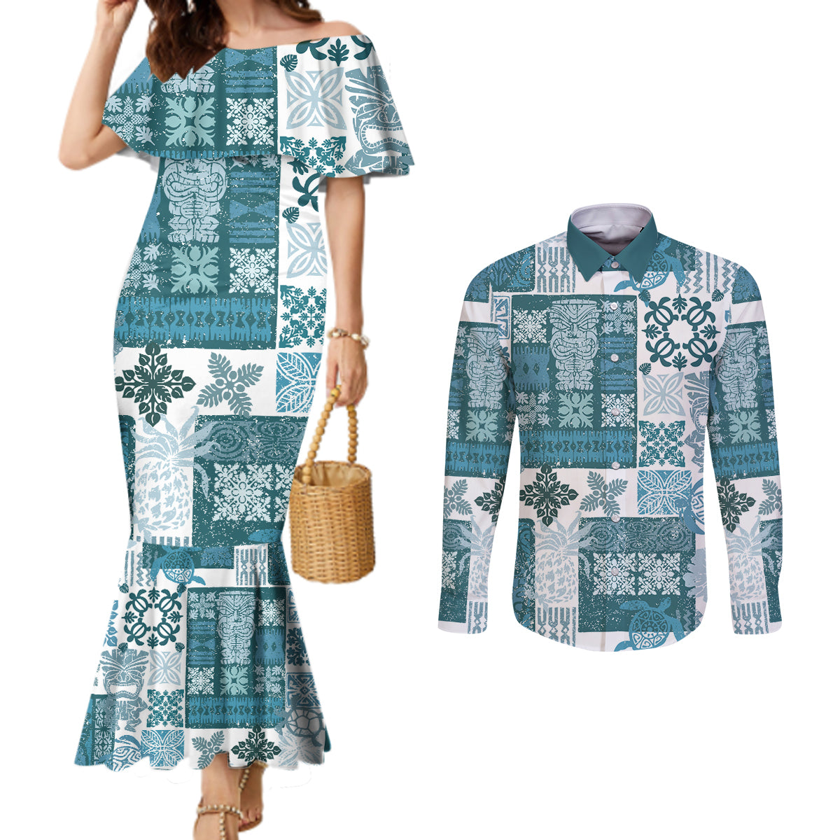 Hawaiian Quilt Couples Matching Mermaid Dress and Long Sleeve Button Shirt Tiki Tropical Retro Dark Cyan Version LT14 Dark Cyan - Polynesian Pride