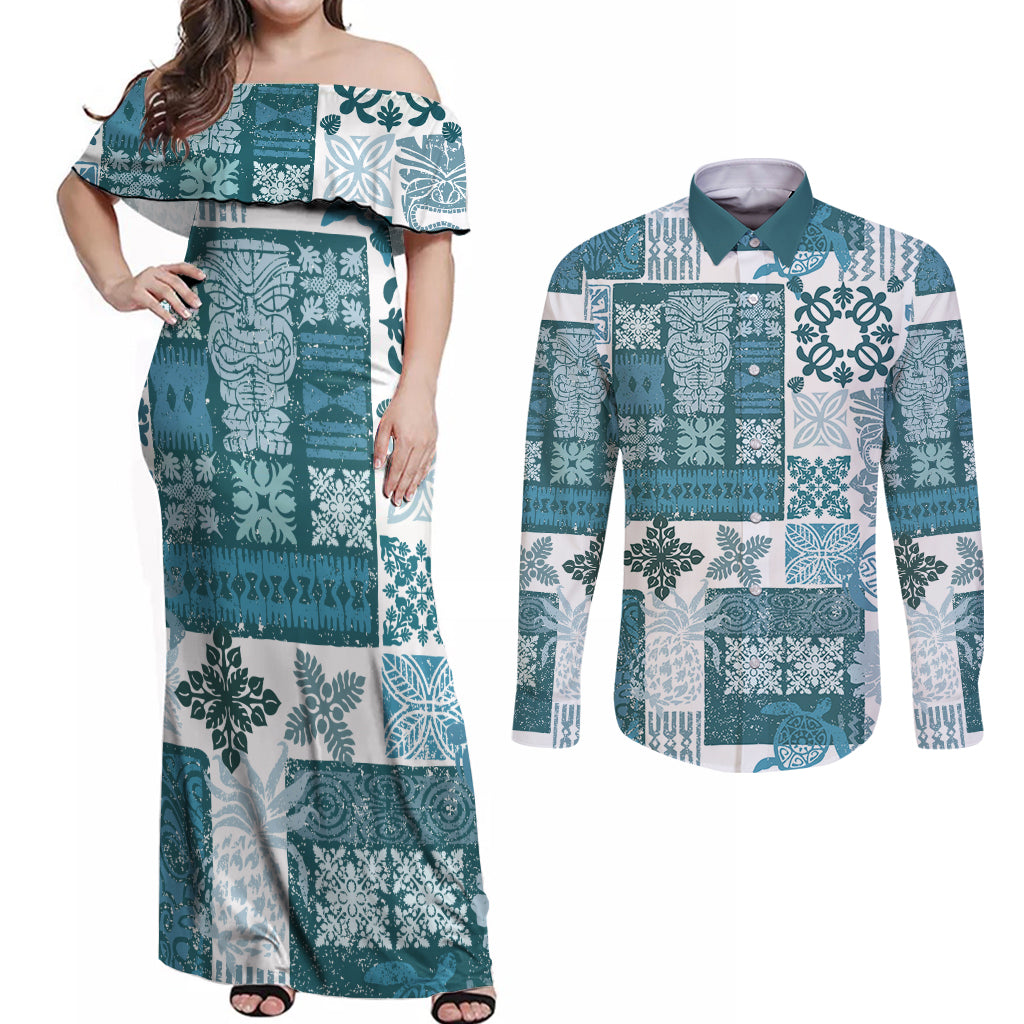 Hawaiian Quilt Couples Matching Off Shoulder Maxi Dress and Long Sleeve Button Shirt Tiki Tropical Retro Dark Cyan Version LT14 Dark Cyan - Polynesian Pride