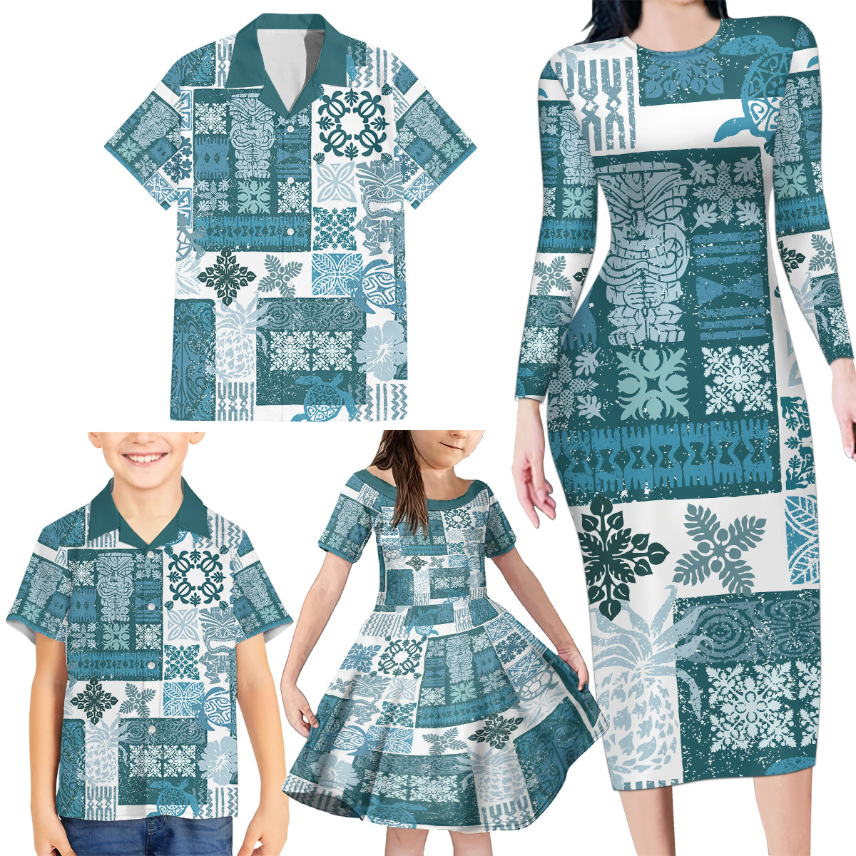 Hawaiian Quilt Family Matching Long Sleeve Bodycon Dress and Hawaiian Shirt Tiki Tropical Retro Dark Cyan Version LT14 - Polynesian Pride