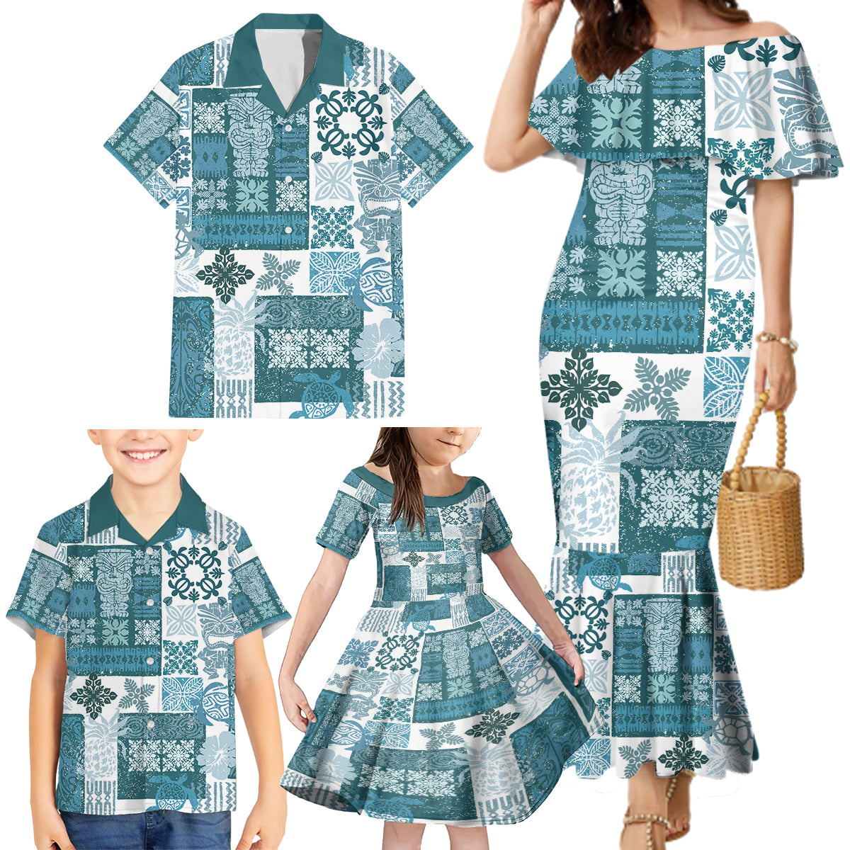 Hawaiian Quilt Family Matching Mermaid Dress and Hawaiian Shirt Tiki Tropical Retro Dark Cyan Version LT14 - Polynesian Pride