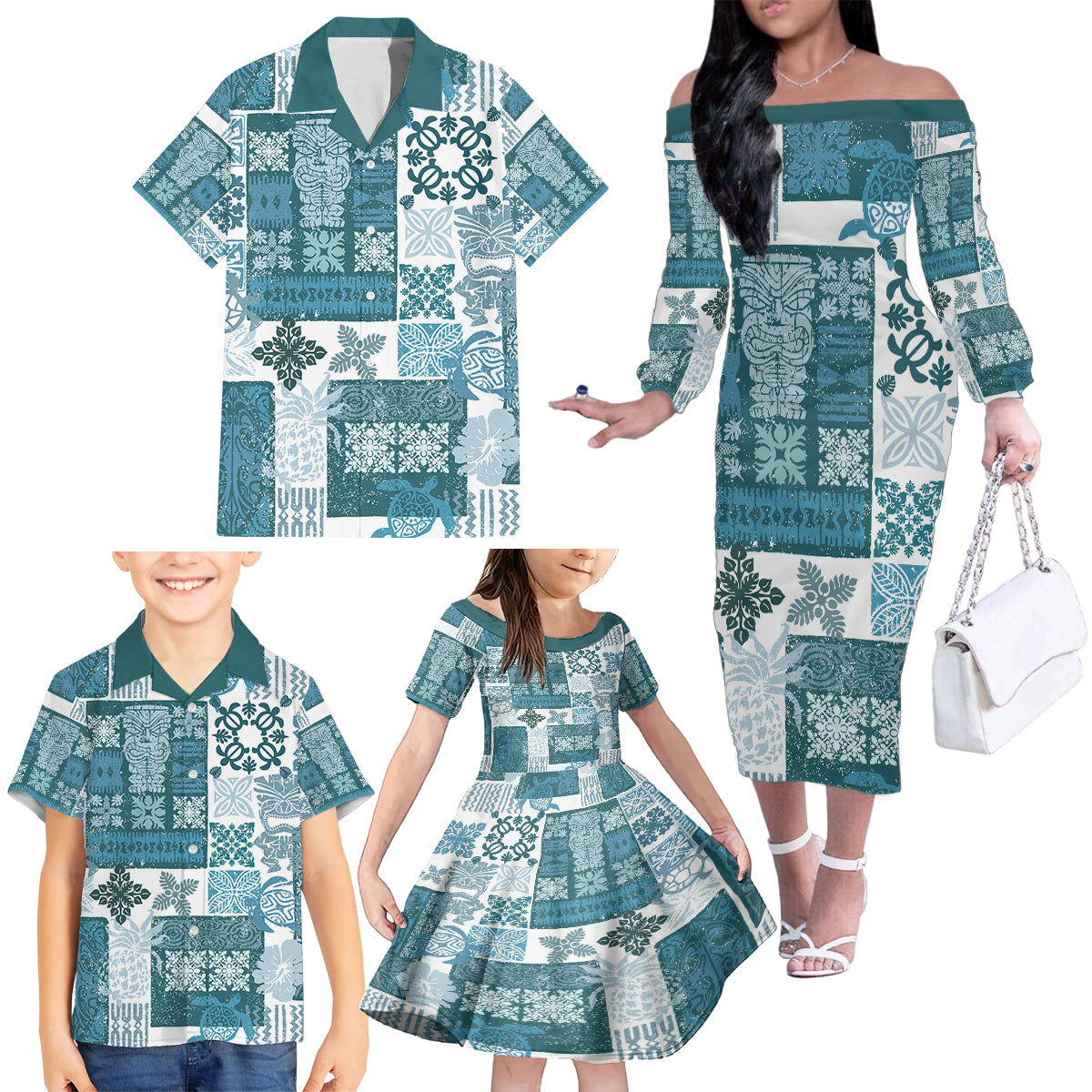 Hawaiian Quilt Family Matching Off Shoulder Long Sleeve Dress and Hawaiian Shirt Tiki Tropical Retro Dark Cyan Version LT14 - Polynesian Pride