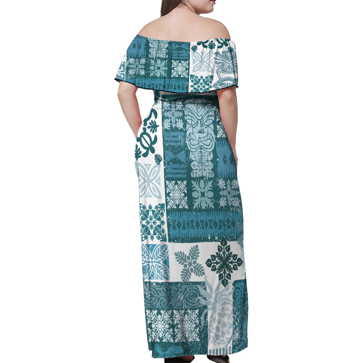 Hawaiian Quilt Family Matching Off Shoulder Maxi Dress and Hawaiian Shirt Tiki Tropical Retro Dark Cyan Version LT14 - Polynesian Pride