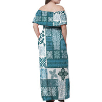 Hawaiian Quilt Family Matching Off Shoulder Maxi Dress and Hawaiian Shirt Tiki Tropical Retro Dark Cyan Version LT14 - Polynesian Pride