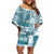 Hawaiian Quilt Family Matching Off Shoulder Short Dress and Hawaiian Shirt Tiki Tropical Retro Dark Cyan Version LT14 Mom's Dress Dark Cyan - Polynesian Pride