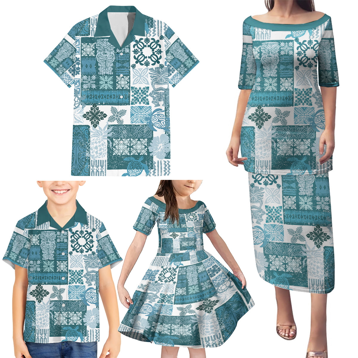 Hawaiian Quilt Family Matching Puletasi Dress and Hawaiian Shirt Tiki Tropical Retro Dark Cyan Version LT14 - Polynesian Pride