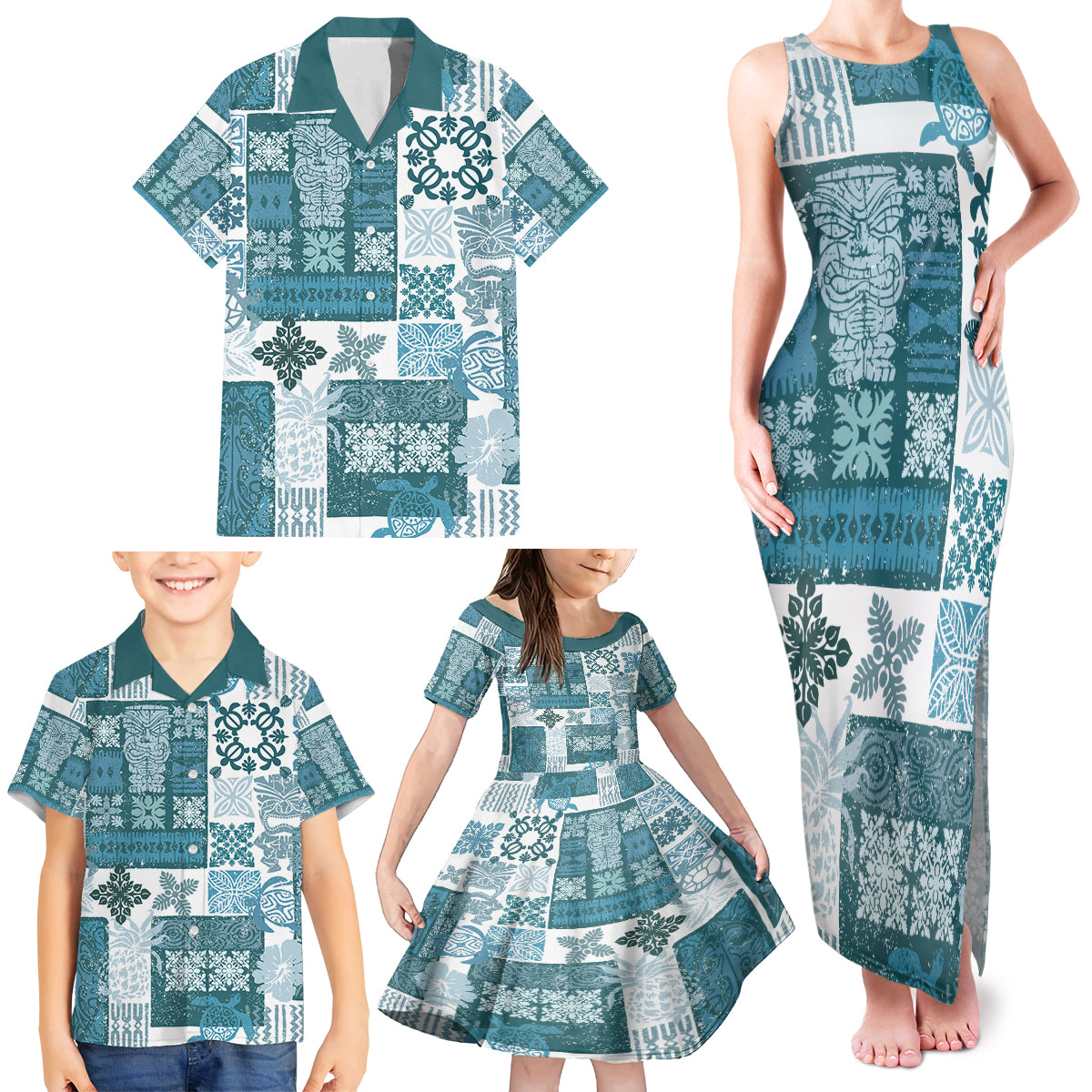 Hawaiian Quilt Family Matching Tank Maxi Dress and Hawaiian Shirt Tiki Tropical Retro Dark Cyan Version LT14 - Polynesian Pride