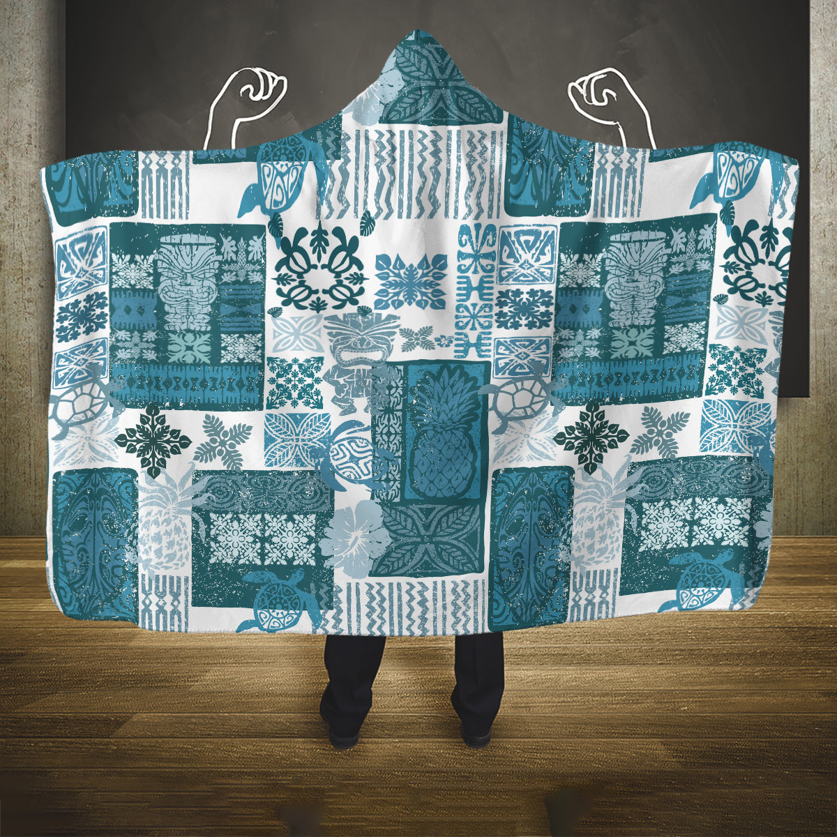 Hawaiian Quilt Hooded Blanket Tiki Tropical Retro Dark Cyan Version LT14 One Size Dark Cyan - Polynesian Pride