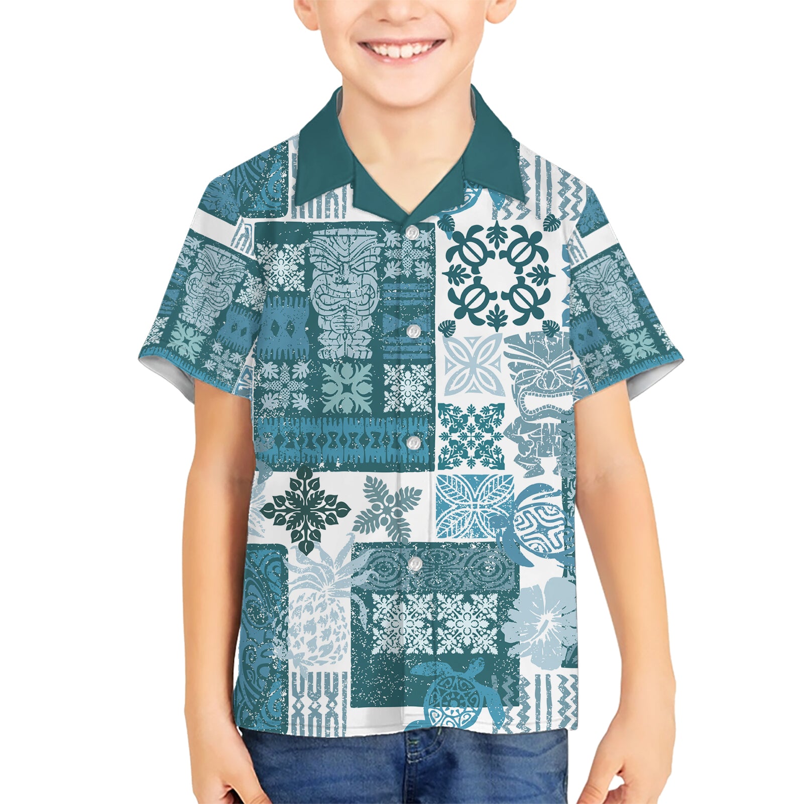 Hawaiian Quilt Kid Hawaiian Shirt Tiki Tropical Retro Dark Cyan Version LT14 Kid Dark Cyan - Polynesian Pride