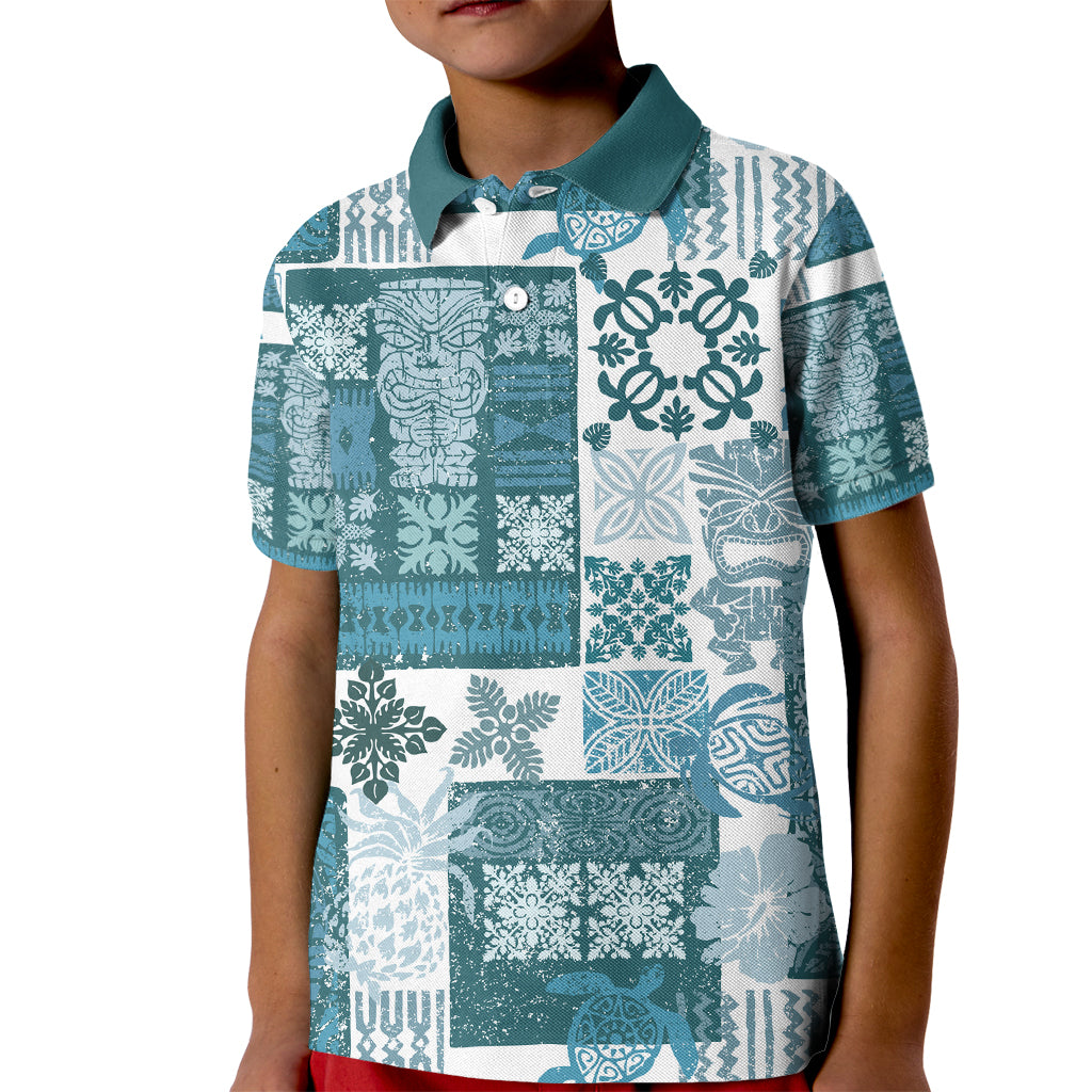 Hawaiian Quilt Kid Polo Shirt Tiki Tropical Retro Dark Cyan Version LT14 Kid Dark Cyan - Polynesian Pride