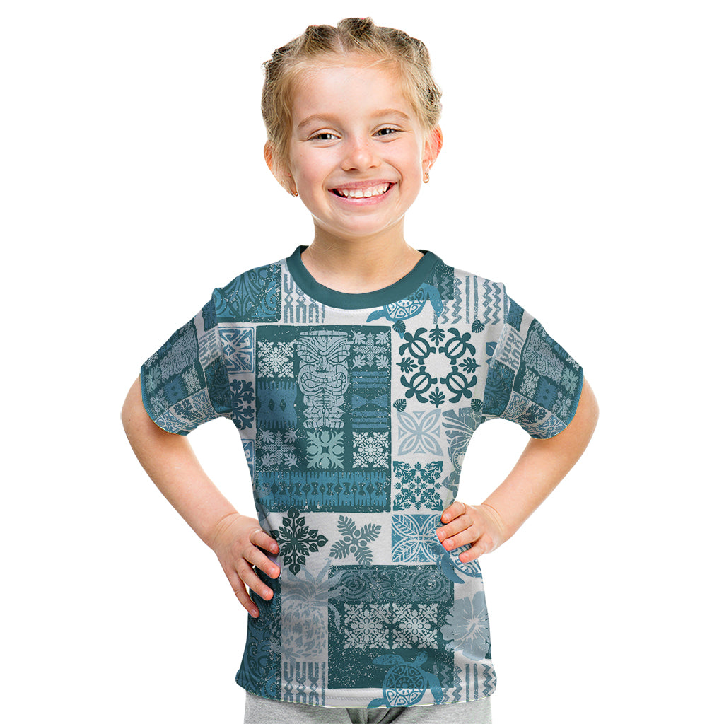 Hawaiian Quilt Kid T Shirt Tiki Tropical Retro Dark Cyan Version LT14 Dark Cyan - Polynesian Pride