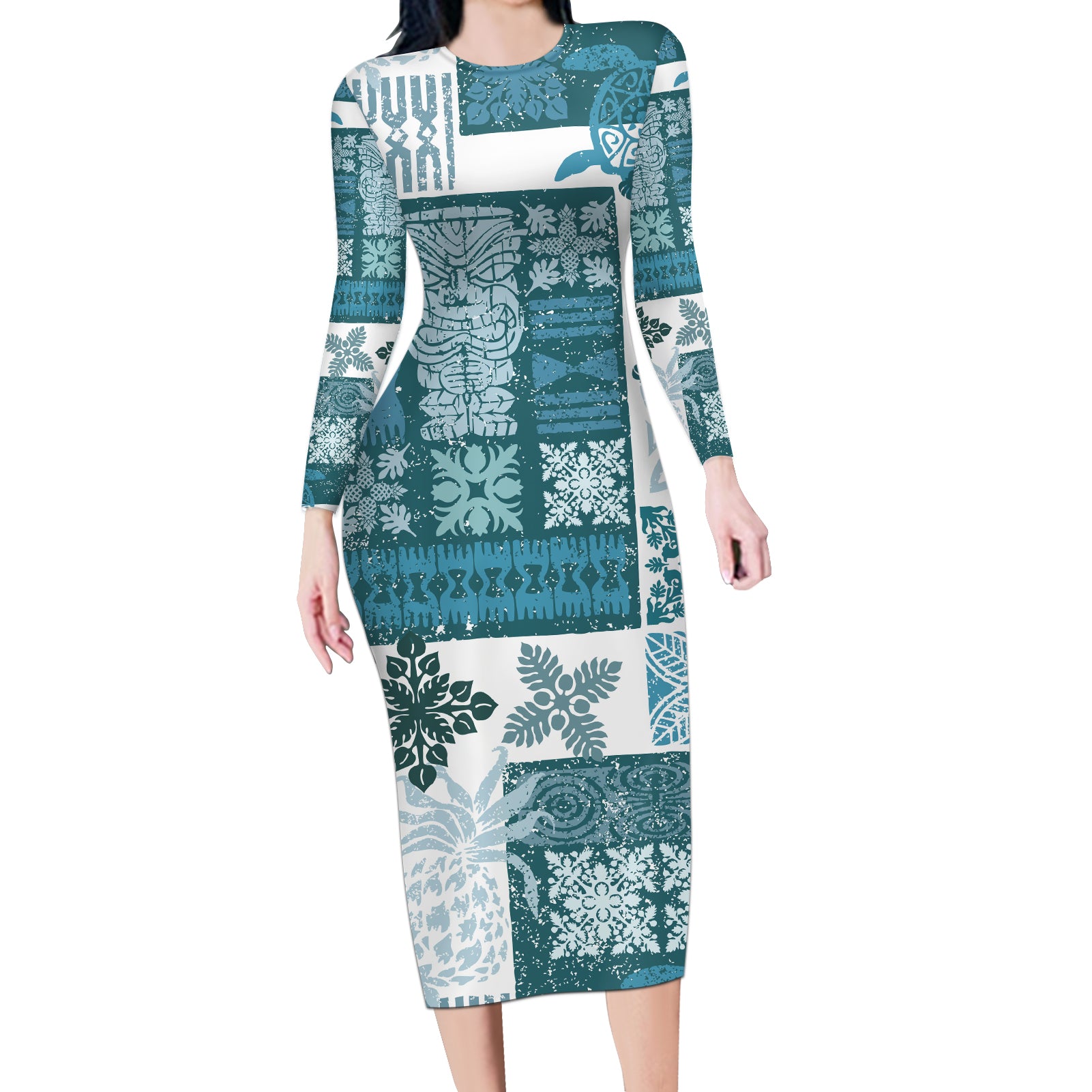 Hawaiian Quilt Long Sleeve Bodycon Dress Tiki Tropical Retro Dark Cyan Version LT14 Long Dress Dark Cyan - Polynesian Pride