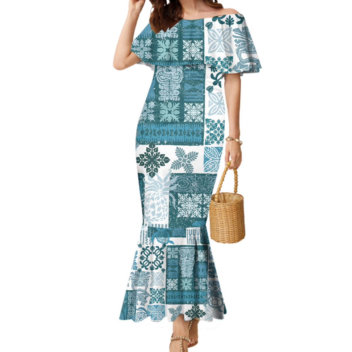 Hawaiian Quilt Mermaid Dress Tiki Tropical Retro Dark Cyan Version LT14 Women Dark Cyan - Polynesian Pride