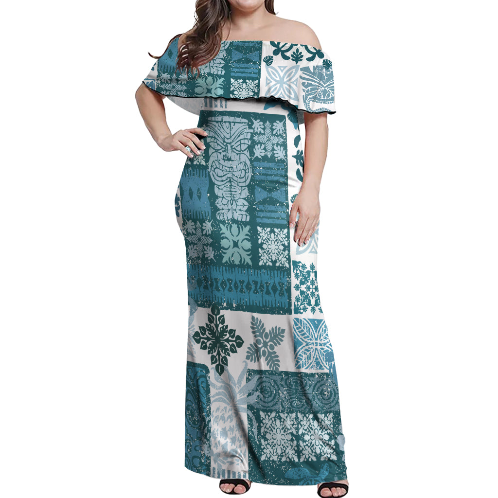 Hawaiian Quilt Off Shoulder Maxi Dress Tiki Tropical Retro Dark Cyan Version LT14 Women Dark Cyan - Polynesian Pride