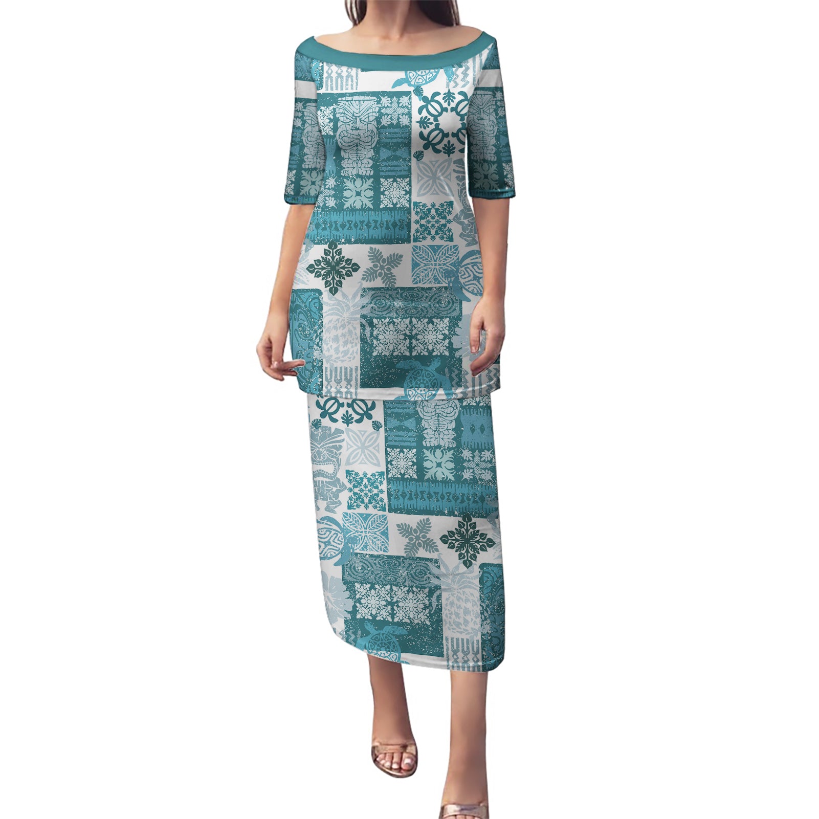 Hawaiian Quilt Puletasi Tiki Tropical Retro Dark Cyan Version LT14 Long Dress Dark Cyan - Polynesian Pride