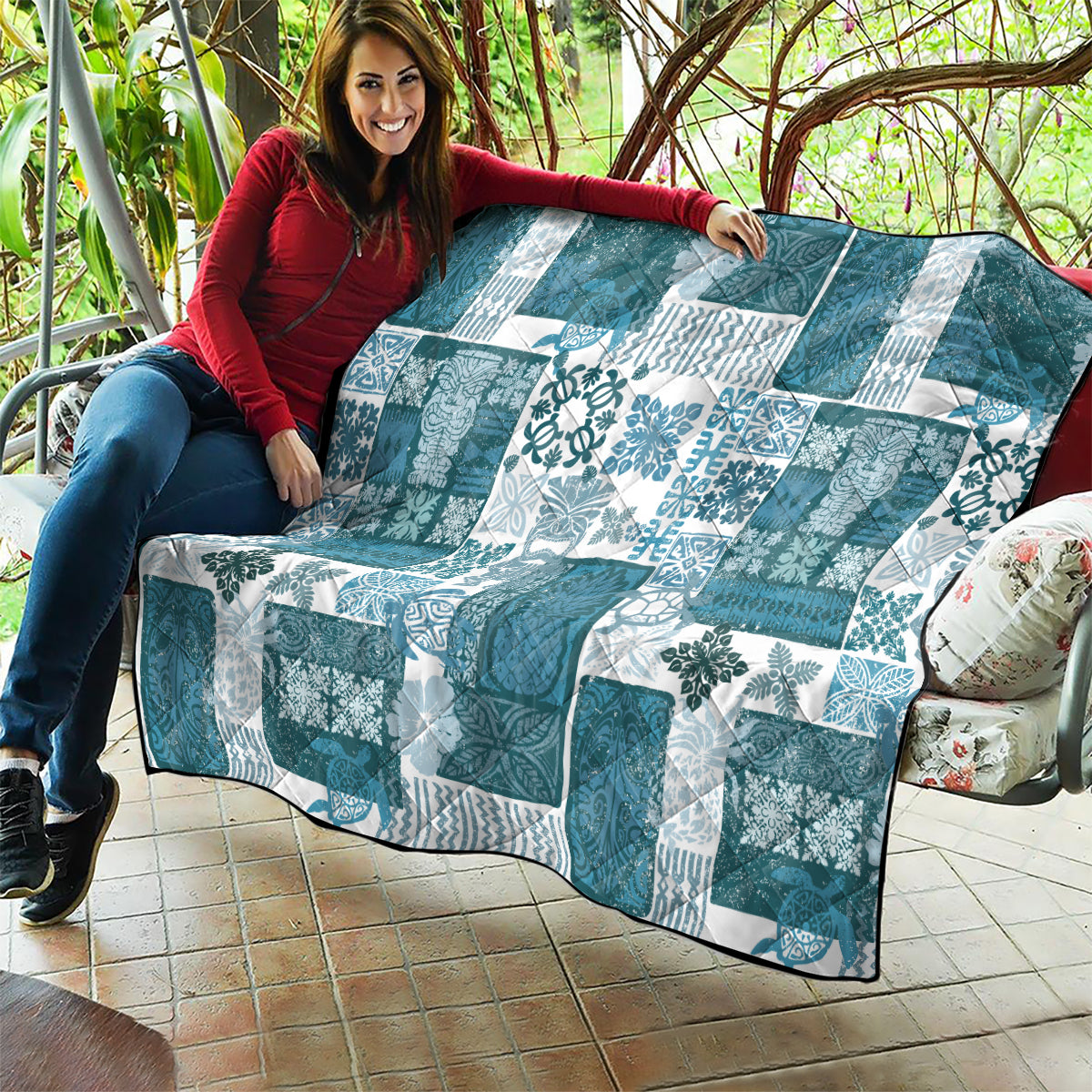 Hawaiian Quilt Quilt Tiki Tropical Retro Dark Cyan Version LT14 - Polynesian Pride