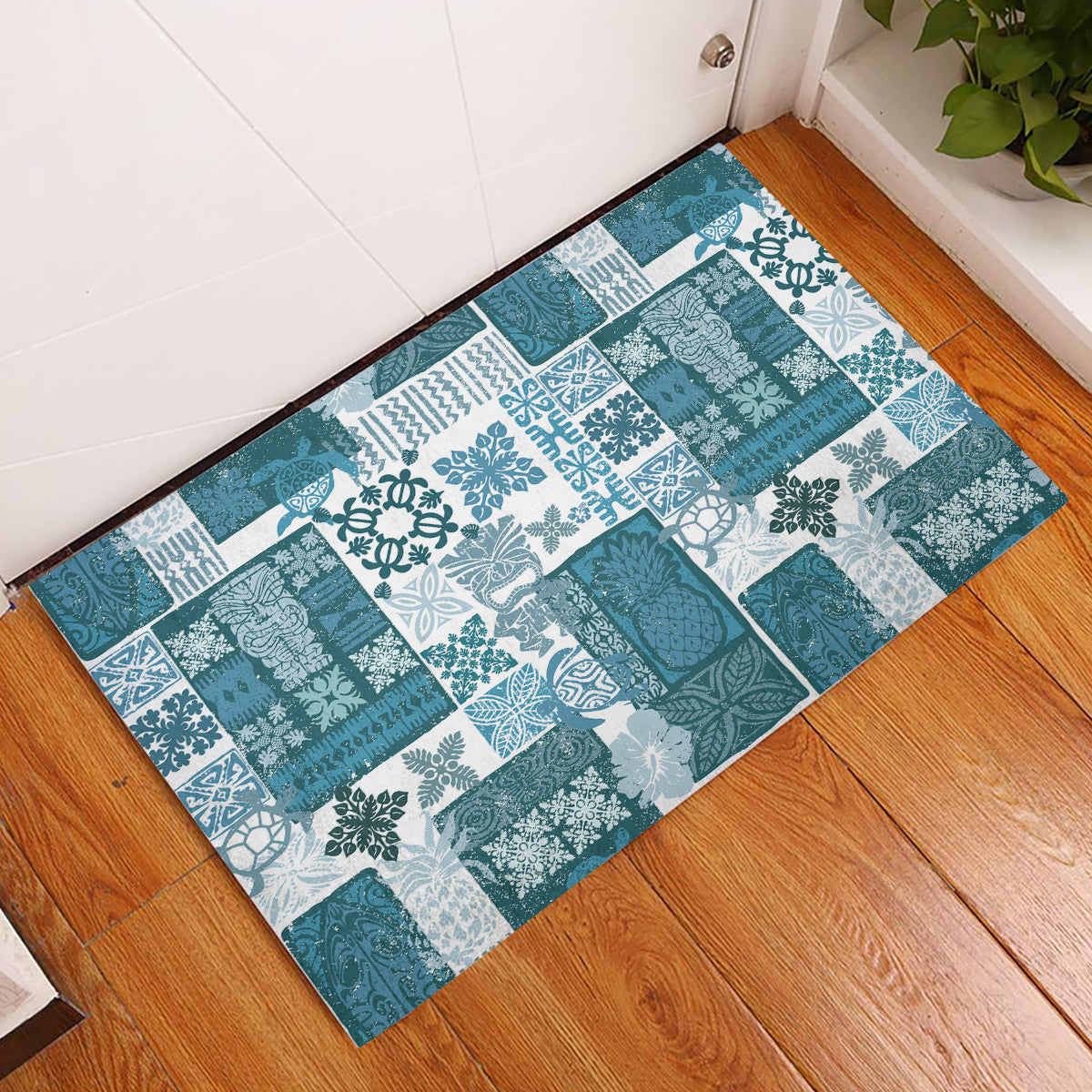 Hawaiian Quilt Rubber Doormat Tiki Tropical Retro Dark Cyan Version LT14 Dark Cyan - Polynesian Pride