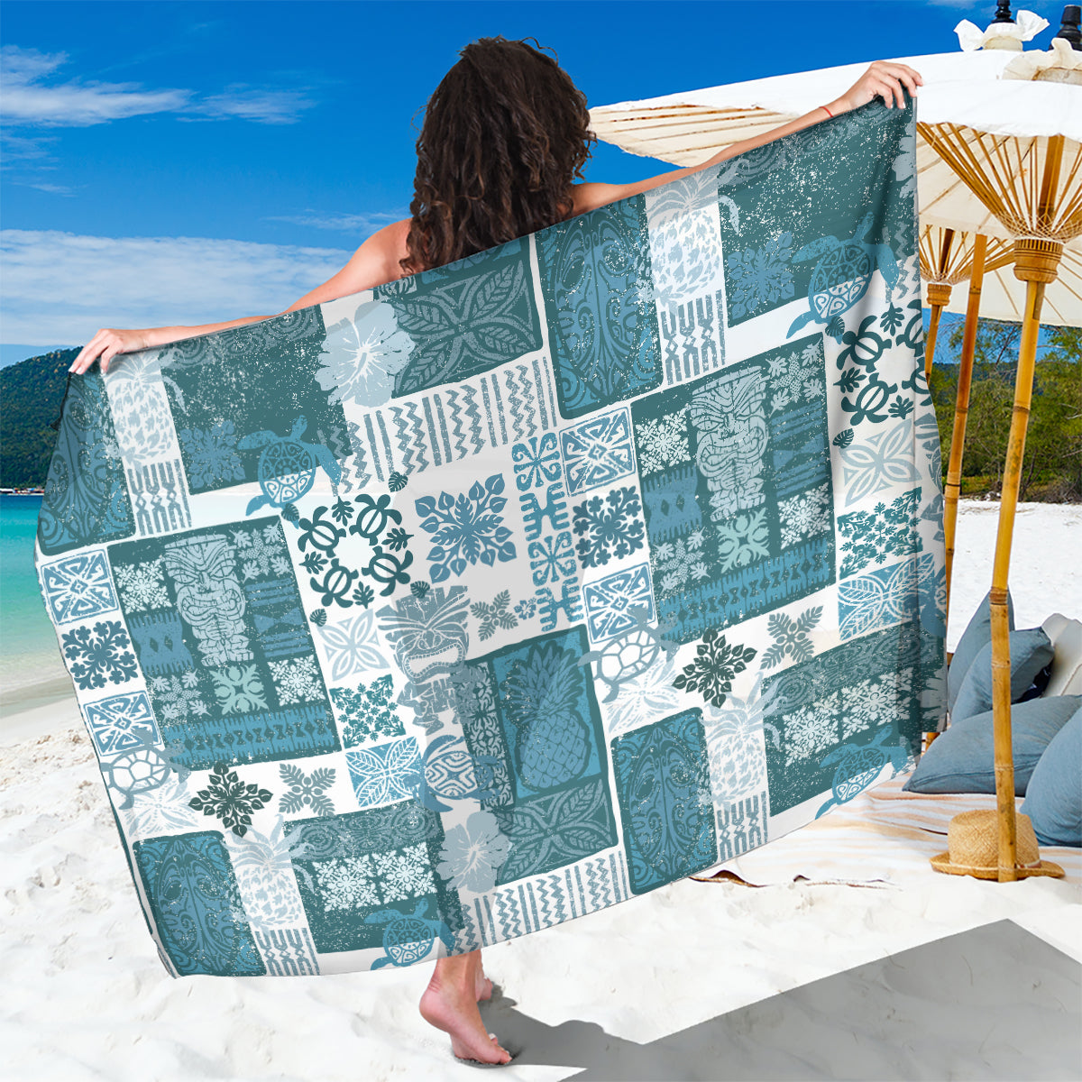 Hawaiian Quilt Sarong Tiki Tropical Retro Dark Cyan Version LT14 One Size 44 x 66 inches Dark Cyan - Polynesian Pride