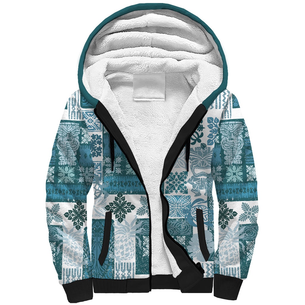 Hawaiian Quilt Sherpa Hoodie Tiki Tropical Retro Dark Cyan Version LT14 Unisex Dark Cyan - Polynesian Pride