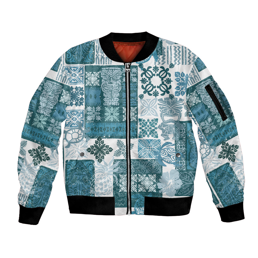 Hawaiian Quilt Sleeve Zip Bomber Jacket Tiki Tropical Retro Dark Cyan Version LT14 Unisex Dark Cyan - Polynesian Pride