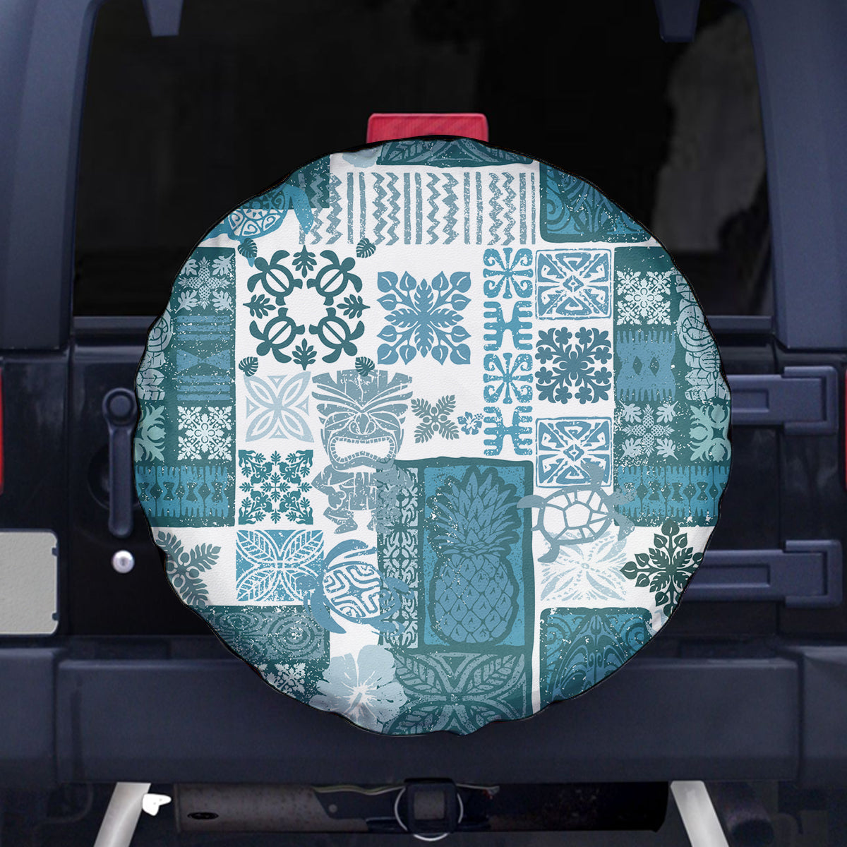 Hawaiian Quilt Spare Tire Cover Tiki Tropical Retro Dark Cyan Version LT14 Dark Cyan - Polynesian Pride