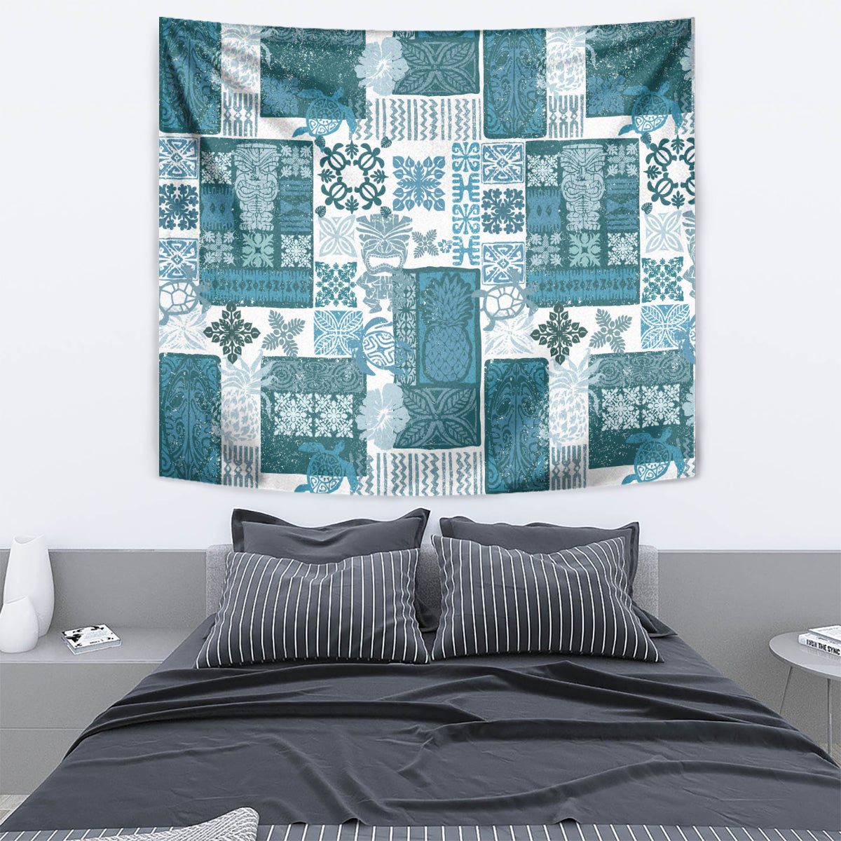 Hawaiian Quilt Tapestry Tiki Tropical Retro Dark Cyan Version LT14 - Polynesian Pride