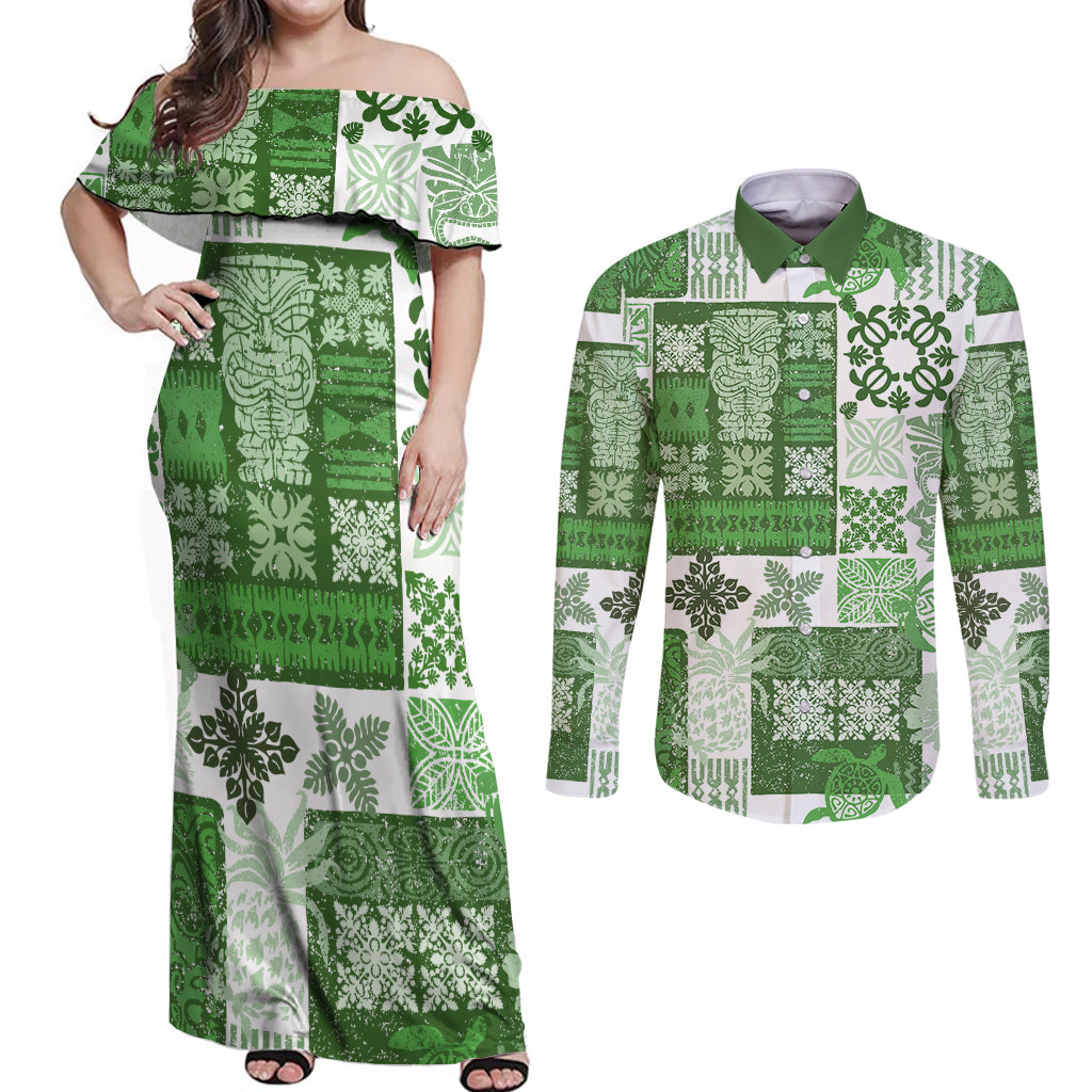 Hawaiian Quilt Couples Matching Off Shoulder Maxi Dress and Long Sleeve Button Shirt Tiki Tropical Retro Green Version LT14 Green - Polynesian Pride