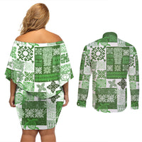 Hawaiian Quilt Couples Matching Off Shoulder Short Dress and Long Sleeve Button Shirt Tiki Tropical Retro Green Version LT14 - Polynesian Pride